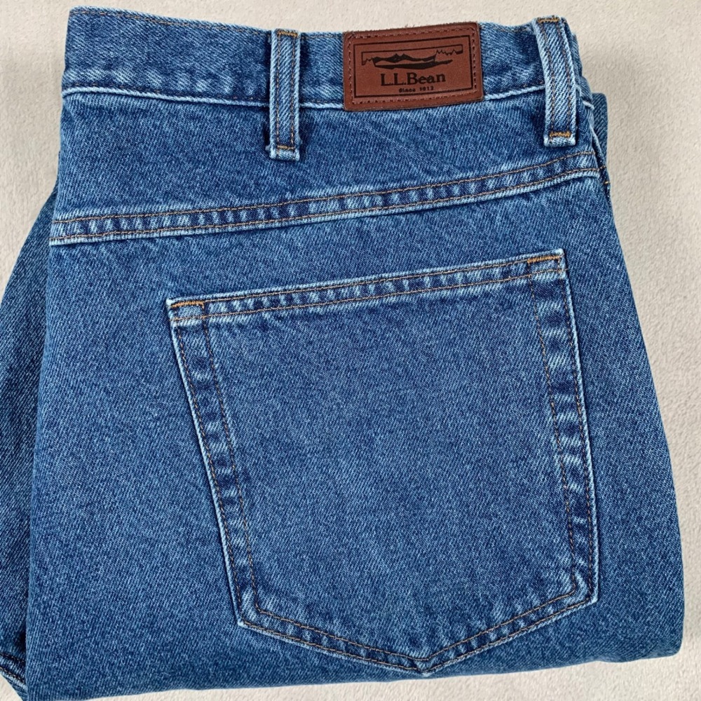 L.L. Bean Flannel Lined Jeans Mens 40x28 Blue Denim Straight Leg Plaid Lining